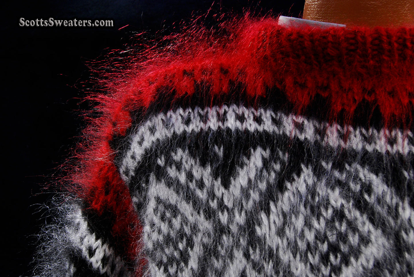 Men's Black Mohair Pullover Crewneck Sweater with Red and White Design [#700-038]