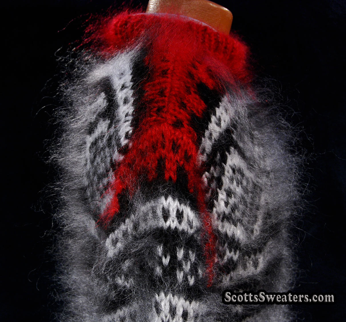 Men's Black Mohair Pullover Crewneck Sweater with Red and White Design [#700-038]