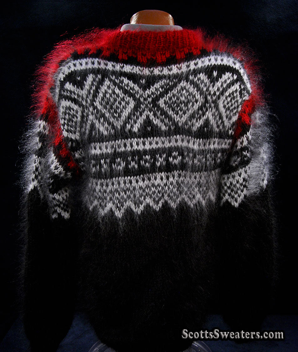 Men's Black Mohair Pullover Crewneck Sweater with Red and White Design [#700-038]