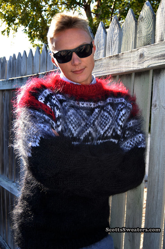 Men's Black Mohair Pullover Crewneck Sweater with Red and White Design [#700-038]