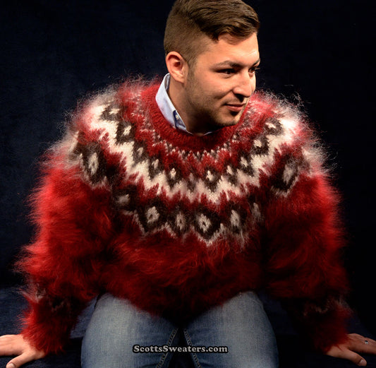 701-011 Deep Red Hand-Knit Crewneck Mohair Sweater