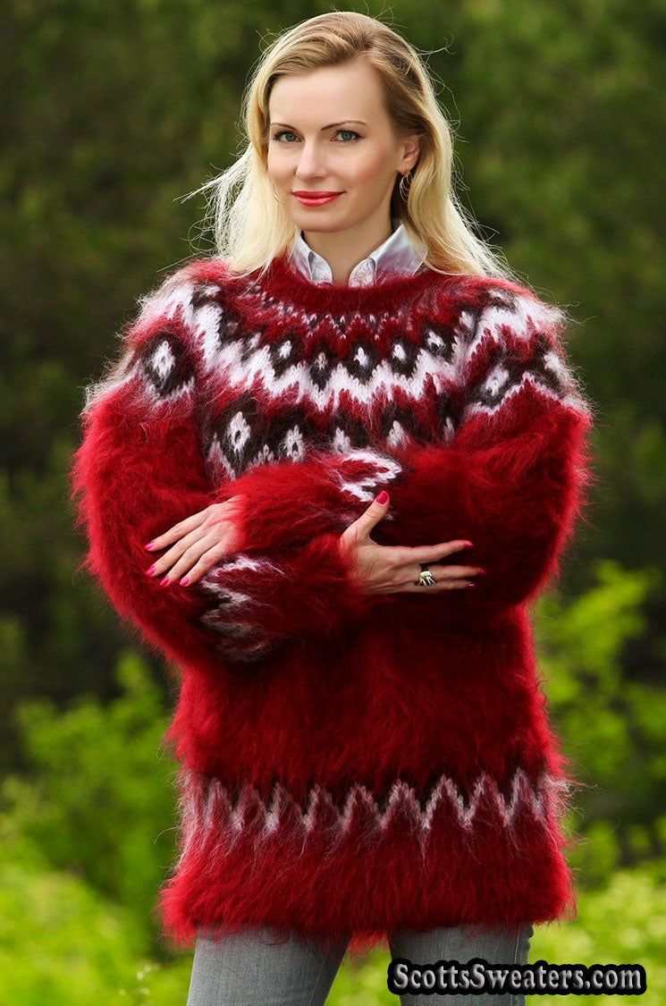 Deep Red Hand-Knit Crewneck Mohair Sweater – Scott's Sweaters