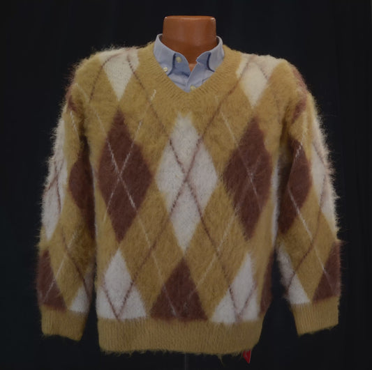 Fuzzy Argyle V-Neck Pullover Faux Mohair Sweater [618-037]